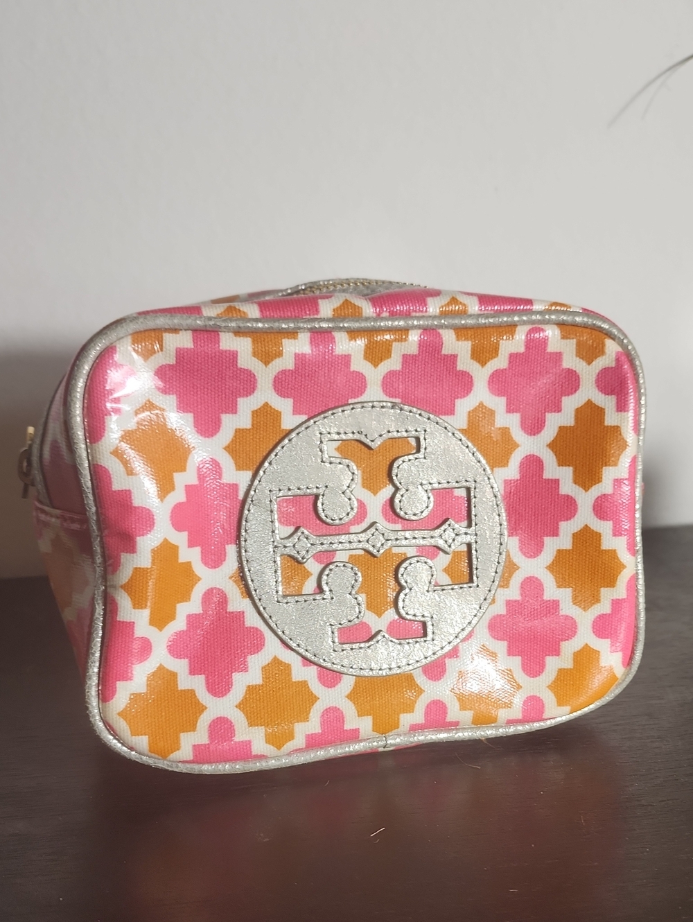 Tory Burch Pink and Orange Logo Cosmetic Case